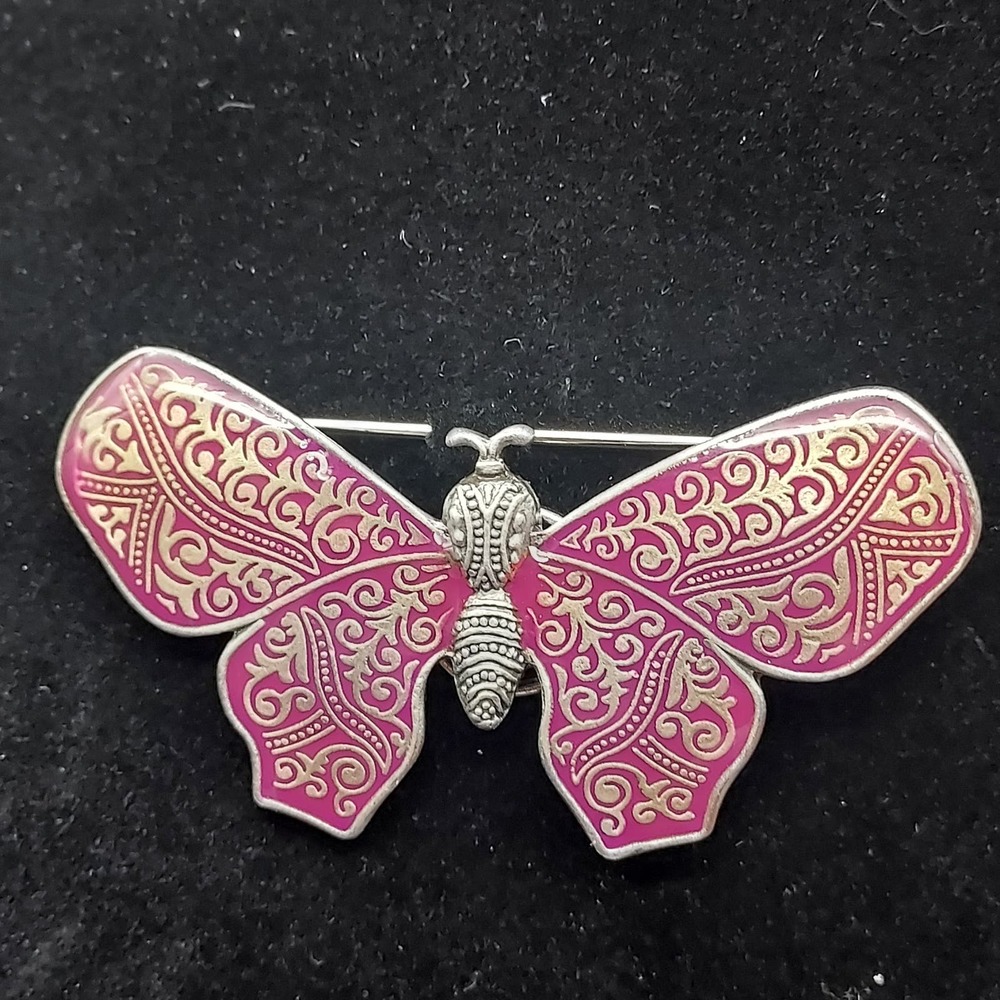 Purple Enamel Butterfly Brooch ID Badge Eye Glasses Holder Esther Fuhrman NOS